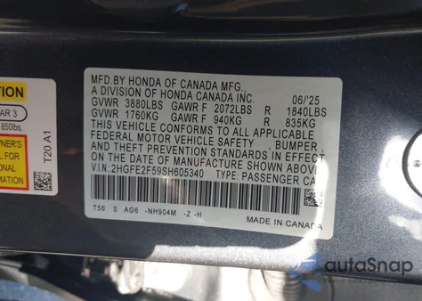 2025 Honda Civic Sport из США, поврежденный, VIN 2HGFE2F59SH605340